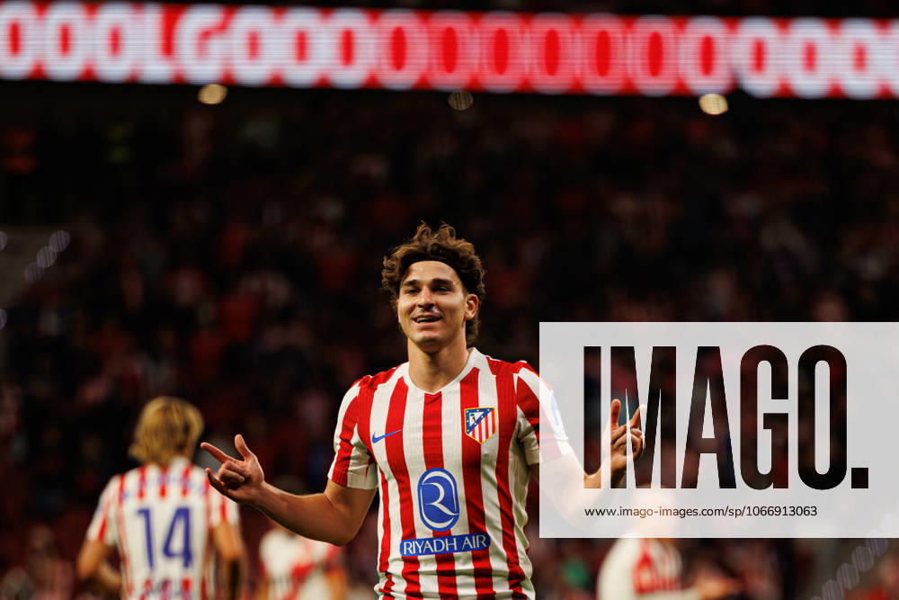 Julian Alvarez seen celebrating after scoring goal during LaLiga EA SPORTS 25 26 game between teams of Atletico de Madrid and Rayo Vallecano at Riyadh Air Metropolitano (Maciej Rogowski Ball Raw Images) Madrid Riyadh Air Metropolitano Spain