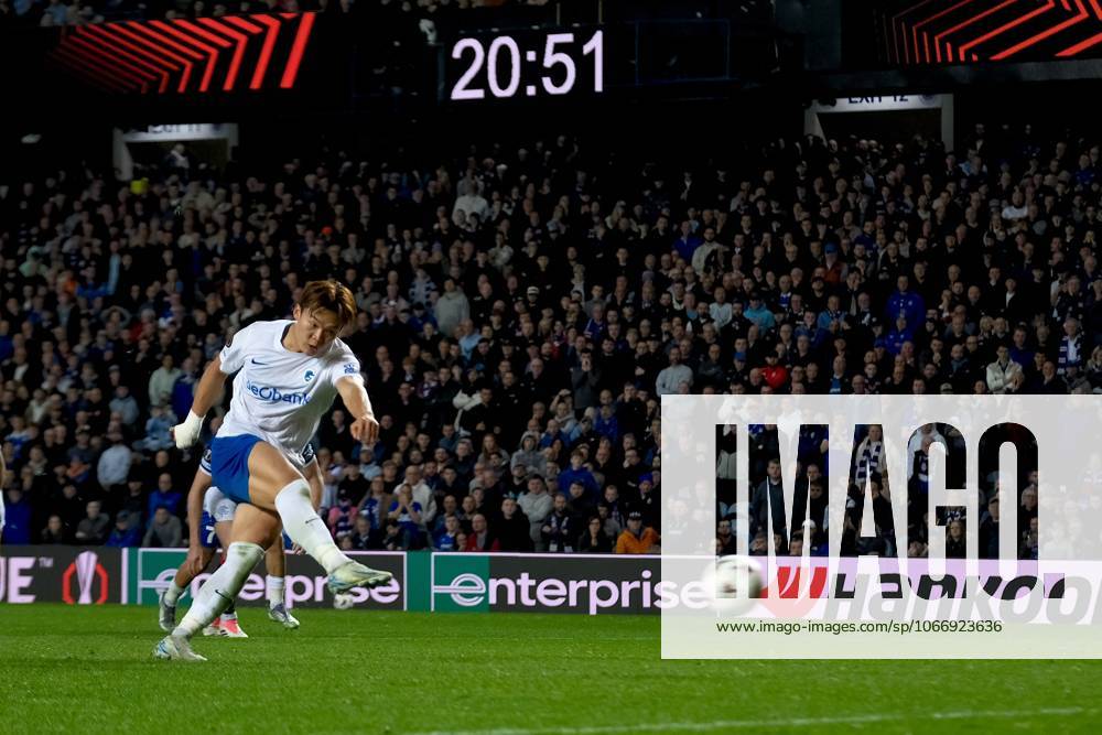 UK: Rangers v Genk, UEFA Europa League at Ibrox Stadium, Glasgow, Scotland on 25 September 2025: Pictured: Hyeongyu Oh (Genk) shoots from the spot but it was saved by Rangers goalkeeper Jack Butland Glasgow Ibrox Stadium Scotland