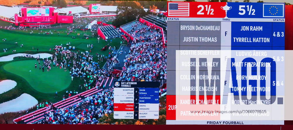 GOLF - Ryder Cup 2025 FARMINGDALE,NEW YORK,USA,26.SEP.25 - GOLF - Ryder Cup 2025, Bethpage Black Course. Image shows the scoreboard. GEPAxpictures Spurlock