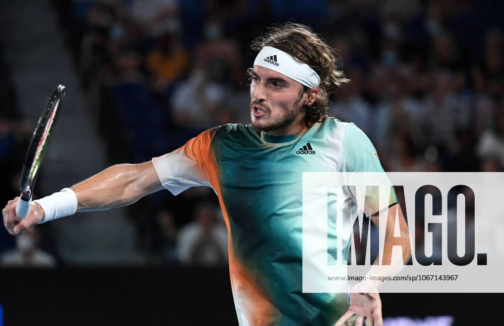 2022 Australian Open MELBOURNE, AUSTRALIA - JANUARY 28: Stefanos Tsisipas of Greece in action against Daniil Medvedev (not seen) of Russia in their men’s single semifinals match of the 2022 Australian Open at Melbourne Park on January 28, 2022 in Melbourne, Australia. Medvedev beat his opponent Tsisipas with advanced to the final. Queensland Australia. Editorial use only. Please get in touch for any other usage.