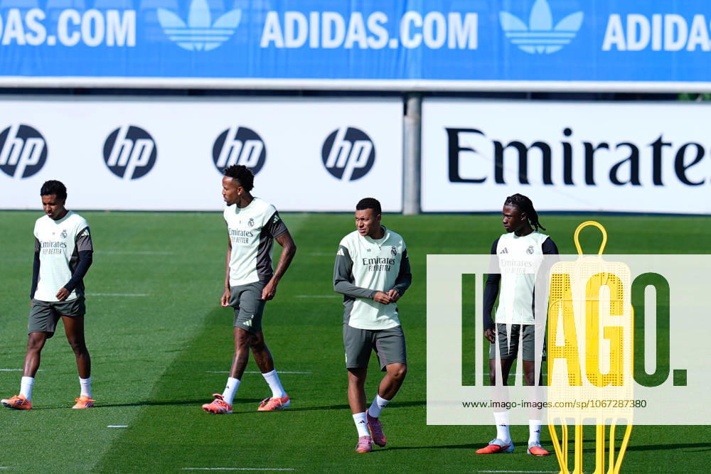 Eduardo Camavinga and Kylian Mbappe of Real Madrid CF look on during the training day of Real Madrid ahead the Spanish League, LaLiga EA Sports, football match against Villarreal CF at Ciudad Deportiva Real Madrid on October 03, 2025, in Valdebebas, Madrid, Spain. Valdebebas Spain - ZUMAa181 20251003_zaa_a181_008