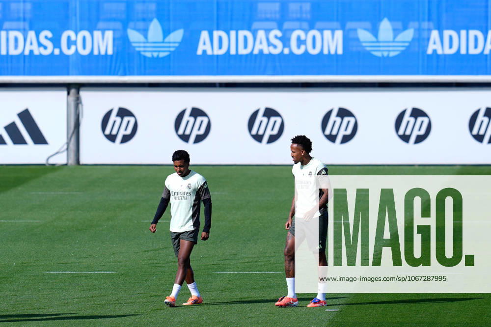 Eder Militao of Real Madrid CF talk to Rodrygo of Real Madrid CF during the training day of Real Madrid ahead the Spanish League, LaLiga EA Sports, football match against Villarreal CF at Ciudad Deportiva Real Madrid on October 03, 2025, in Valdebebas, Madrid, Spain. Valdebebas Spain - ZUMAa181 20251003_zaa_a181_023