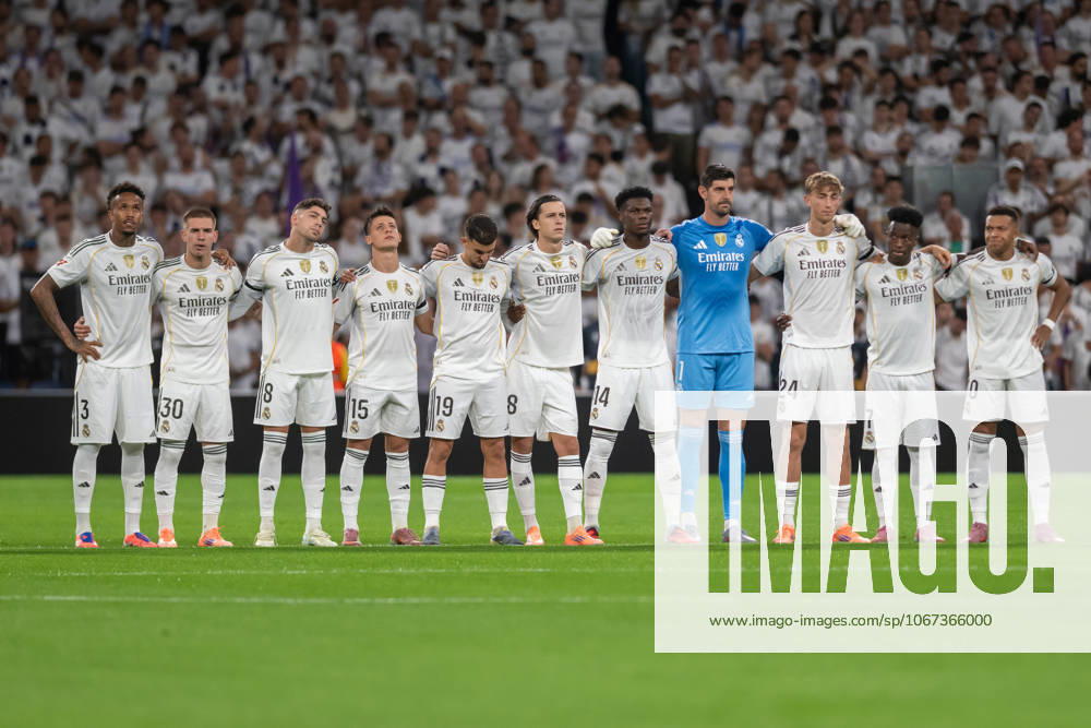 Real Madrid CFs Eder Militao, Franco Mastantuono, Fede Valverde, Arda Guler, Dani Ceballos, Alvaro Carreras, Aurelien Tchouameni, Thibaut Courtois, Dean Huijsen, Vinicius Junior and Kylian Mbappe during La Liga match. October 4, 2025. (2025100434)