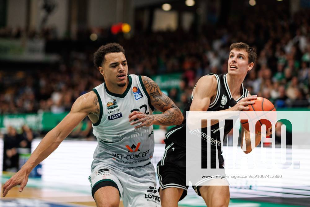 Richard Balint BMA365 Bamberg Baskets in a duel with Nolan Adekunle Gladiators Trier , Vet Concept Gladiators Trier vs BMA365 Bamberg Baskets, Basketball, easyCredit BBL, Matchday 3, Season 2025 2026, 05 10 2025 Vet Concept Gladiators Trier vs BMA365 Bamberg Baskets, Basketball, easyCredit BBL, Matchday 3, Season 2025 2026