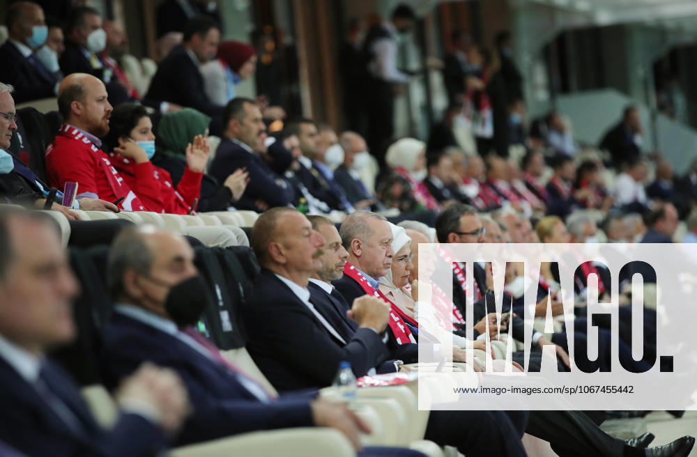 Turkish President Recep Tayyip Erdogan BAKU, AZERBAIJAN - JUNE 16: Turkish President Recep Tayyip Erdogan and his wife Emine Erdogan and Azerbaijani President Ilham Aliyev watch the EURO 2020 Group A soccer match between Turkey and Wales at the Baku Olympic Stadium in Baku, Azerbaijan on June 16, 2021. in Baku, Azerbaijan on June 16, 2021. Baki Azerbaijan. Editorial use only. Please get in touch for any other usage.
