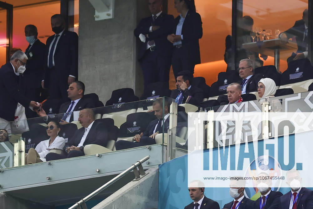 Turkish President Recep Tayyip Erdogan BAKU, AZERBAIJAN - JUNE 16: Turkish President Recep Tayyip Erdogan and his wife Emine Erdogan and Azerbaijani President Ilham Aliyev and his wife Mehriban Aliyeva watch the EURO 2020 Group A soccer match between Turkey and Wales at the Baku Olympic Stadium in Baku, Azerbaijan on June 16, 2021. Baki Azerbaijan. Editorial use only. Please get in touch for any other usage.