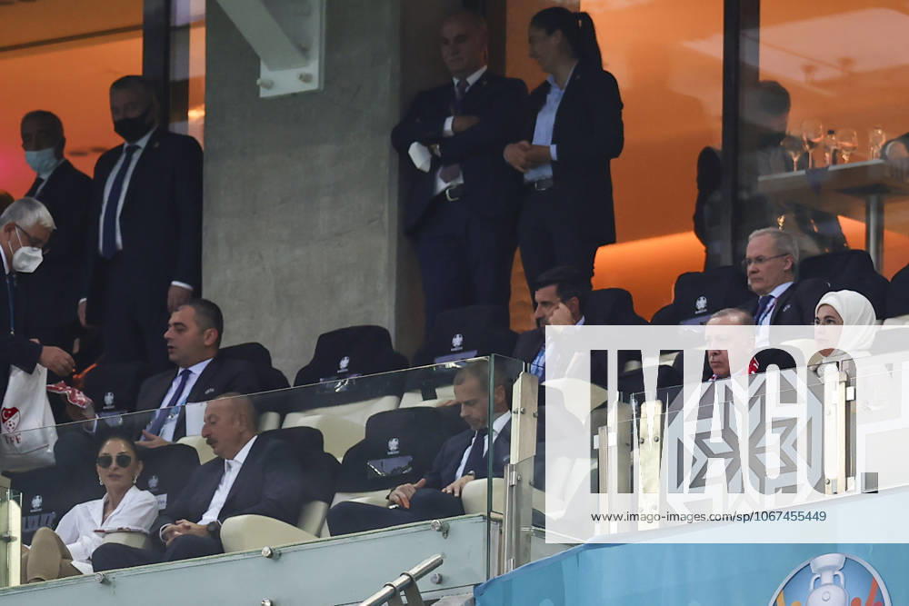 Turkish President Recep Tayyip Erdogan BAKU, AZERBAIJAN - JUNE 16: Turkish President Recep Tayyip Erdogan and his wife Emine Erdogan and Azerbaijani President Ilham Aliyev and his wife Mehriban Aliyeva watch the EURO 2020 Group A soccer match between Turkey and Wales at the Baku Olympic Stadium in Baku, Azerbaijan on June 16, 2021. Baki Azerbaijan. Editorial use only. Please get in touch for any other usage.