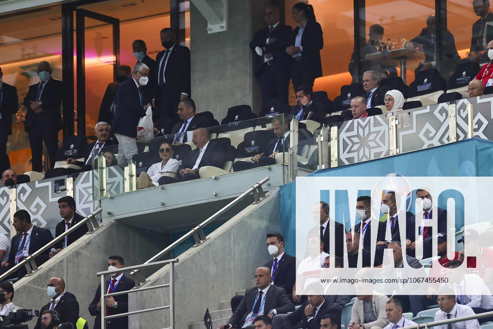 Turkish President Recep Tayyip Erdogan BAKU, AZERBAIJAN - JUNE 16: Turkish President Recep Tayyip Erdogan and his wife Emine Erdogan and Azerbaijani President Ilham Aliyev and his wife Mehriban Aliyeva watch the EURO 2020 Group A soccer match between Turkey and Wales at the Baku Olympic Stadium in Baku, Azerbaijan on June 16, 2021. Baki Azerbaijan. Editorial use only. Please get in touch for any other usage.