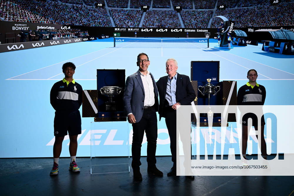 AUSTRALIAN OPEN TENNIS LAUNCH, Australian Open CEO Craig Tiley (right) poses for a photo with Victorian Minister for Tourism, and Major Events Steve Dimopoulos during the launch of the 2026 Australian Open tennis tournament, in Melbourne, Tuesday, October 7, 2025. ( NO ARCHIVING MELBOURNE VICTORIA AUSTRALIA