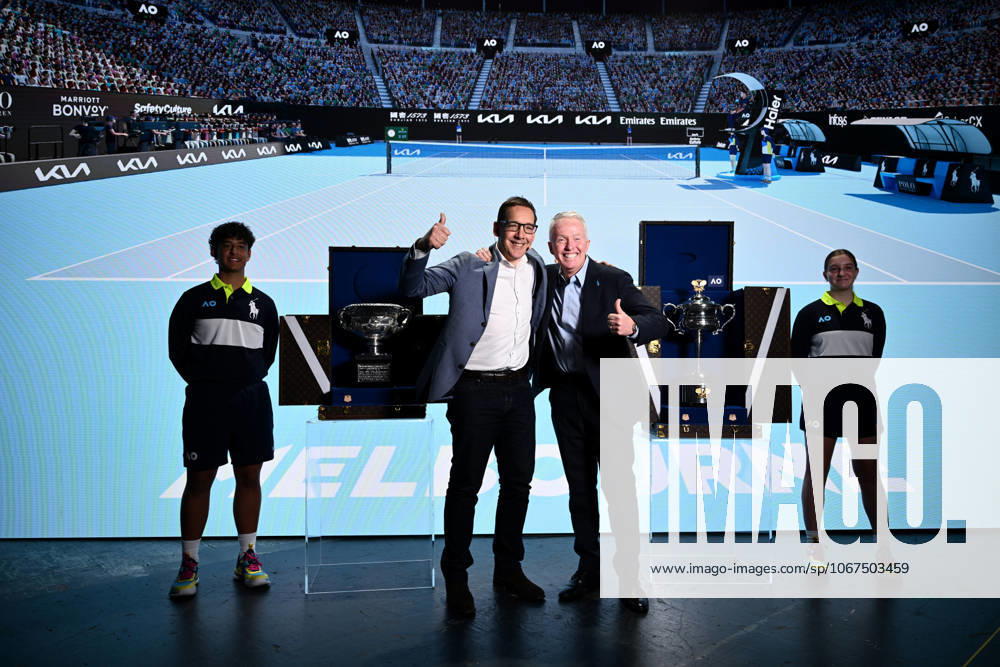 AUSTRALIAN OPEN TENNIS LAUNCH, Australian Open CEO Craig Tiley (right) poses for a photo with Victorian Minister for Tourism, and Major Events Steve Dimopoulos during the launch of the 2026 Australian Open tennis tournament, in Melbourne, Tuesday, October 7, 2025. ( NO ARCHIVING MELBOURNE VICTORIA AUSTRALIA