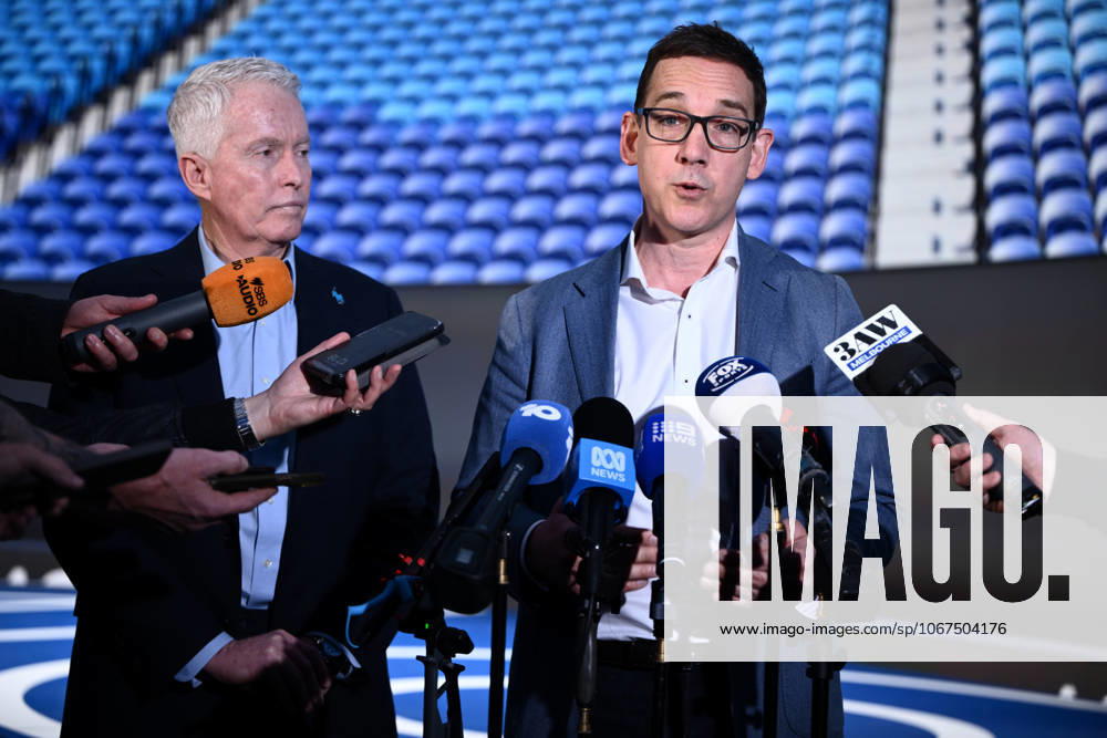 AUSTRALIAN OPEN TENNIS LAUNCH, Australian Open CEO Craig Tiley (left) and Victorian Minister for Tourism, and Major Events Steve Dimopoulos speak to media following the launch of the 2026 Australian Open tennis tournament, in Melbourne, Tuesday, October 7, 2025. ( NO ARCHIVING MELBOURNE VICTORIA AUSTRALIA