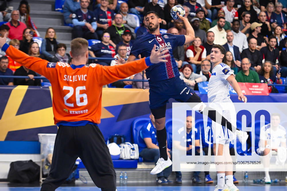 Fathy Omar Yahia Khaled ( 5 - PSG ) and Suljevic Haris ( 26 - Zagreb ) during the EHF Champins League match between Paris Saint Germain and HC Zagreb at Salle Pierre De Coubertin on October 09, 2025 in Paris, France. ( Photo by Federico Pestellini PSNewz ) -