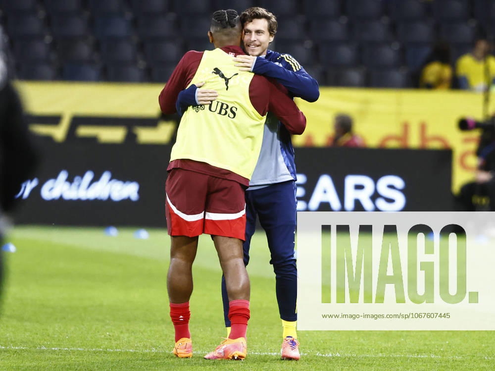 STOCKHOLM, SWEDEN 20251010 Swedens Victor Nilsson Lindelöf and Switzerlands Manuel Akanji hug each other before Fridays World Cup qualifying soccer match between Sweden and Switzerland at Strawberry arena, October 10, 2025 in Stockholm, Sweden STOCKHOLM SWEDEN