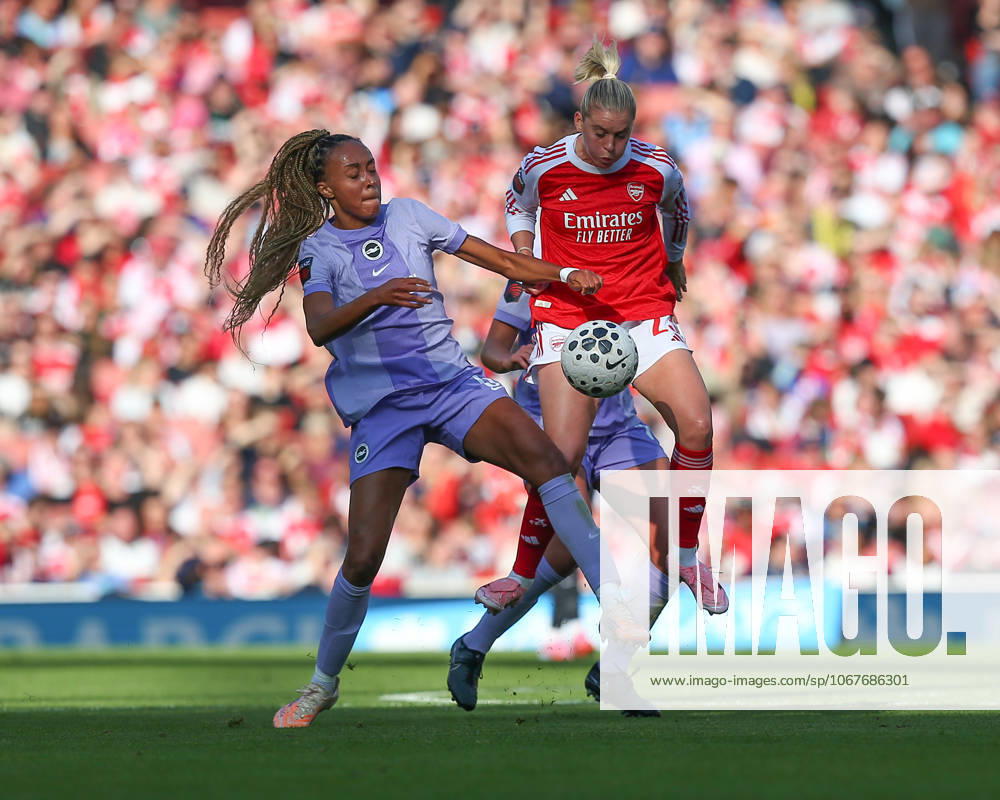 London, England, October 12 2025: Maelys Mpome (5 Brighton & Hove Albion) and Alessia Russo (23 Arsenal) challenge for the ball during the Barclays Womens Super League game between Arsenal and Brighton & Hove Albion at Emirates Stadium in London, England. (Photo by Jay Patel Sports Press Photo SPP)