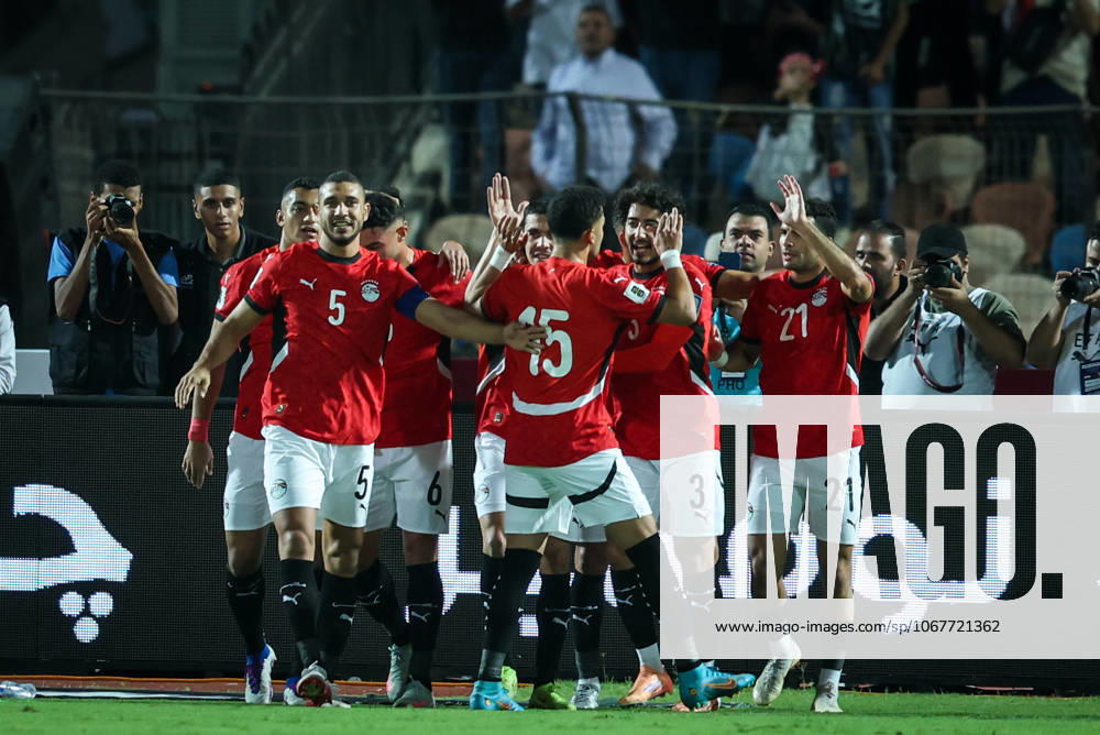 Egypt v Guinea-Bissau - FIFA World Cup, WM, Weltmeisterschaft, Fussball African Qualifiers - Match Group A Mohamed Hamdi of Egypt celebrates with a teammate after scoring the first goal during the FIFA World Cup African qualifiers Match Group A between Egypt and Guinea-Bissau at Cairo International Stadium in Cairo, Egypt, on October 12, 2025. Cairo Egypt