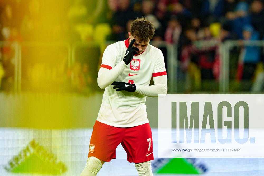 Oskar Pietuszewski seen celebrating after scoring goal during U21, U 21 2027 EURO Qualifying, EM, Europameisterschaft game between national teams of Poland and Montenegro (Kazimierz Koper Ball Raw Images) Katowice Arena Katowice Poland