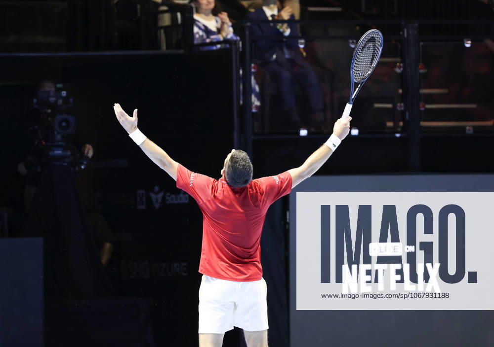 (251019) -- RIYADH, Oct. 19, 2025 -- Novak Djokovic of Serbia celebrates winning a point during the third-place match against Taylor Fritz of the United States at the Six Kings Slam tennis tournament in Riyadh, Saudi Arabia, Oct. 18, 2025. ) (SP)SAUDI ARABIA-RIYADH-TENNIS-6 KINGS SLAM LuoxChen