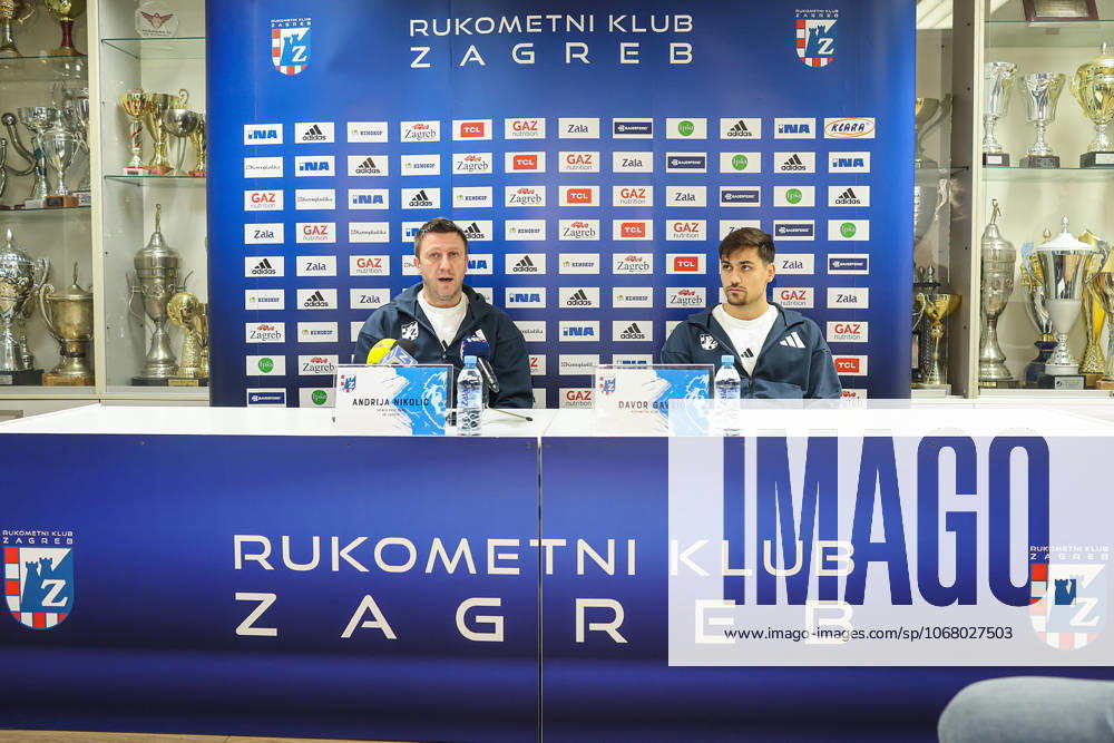 Press conference, PK, Pressekonferenz of HC Zagreb Coach of HC Zagreb Andrija Nikolic and player Davor Gavric during a press conference ahead of the round 6 of the Machinseeker EHF Champions League on October 20, 2025 in Zagreb, Croatia. HC Zagreb will play against the Hungarian OTP Pick Szeged at the Arena Zagreb on October 22. GoranxStanzl PIXSELL
