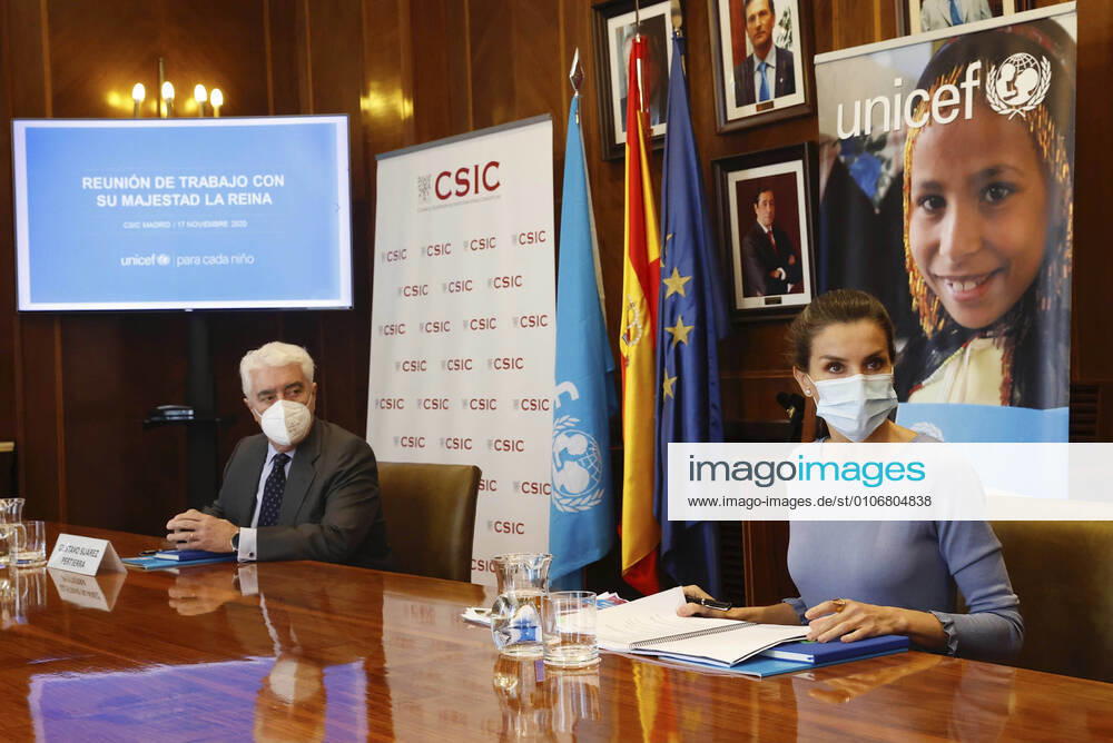 Madrid Queen Letizia arriving for a meeting with members of the Spanish UNICEF at the CSIC in Madrid. No Spain