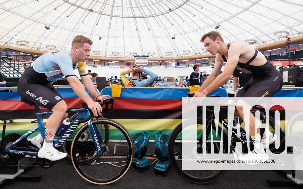 Belgian Fabio Van Den Bossche and Belgian Lindsay De Vylder pictured during a training session ahead of the 2025 UCI Track World Championships, in Santiago, Chile, Tuesday 21 October 2025. The Track World Championships take place from 22 to 26 October at the Velodromo de Penalolen in Santiago, Chile. BENOITxDOPPAGNE x137529390x