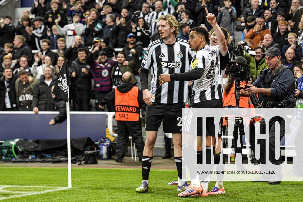Newcastle United v Benfica UEFA Champions League Anthony Gordon of Newcastle United celebrates his goal with Lewis Miley, Nick Woltemade and Jacob Ramsey during the UEFA Champions League match at St. James s Park, Newcastle UK Newspapers OUT