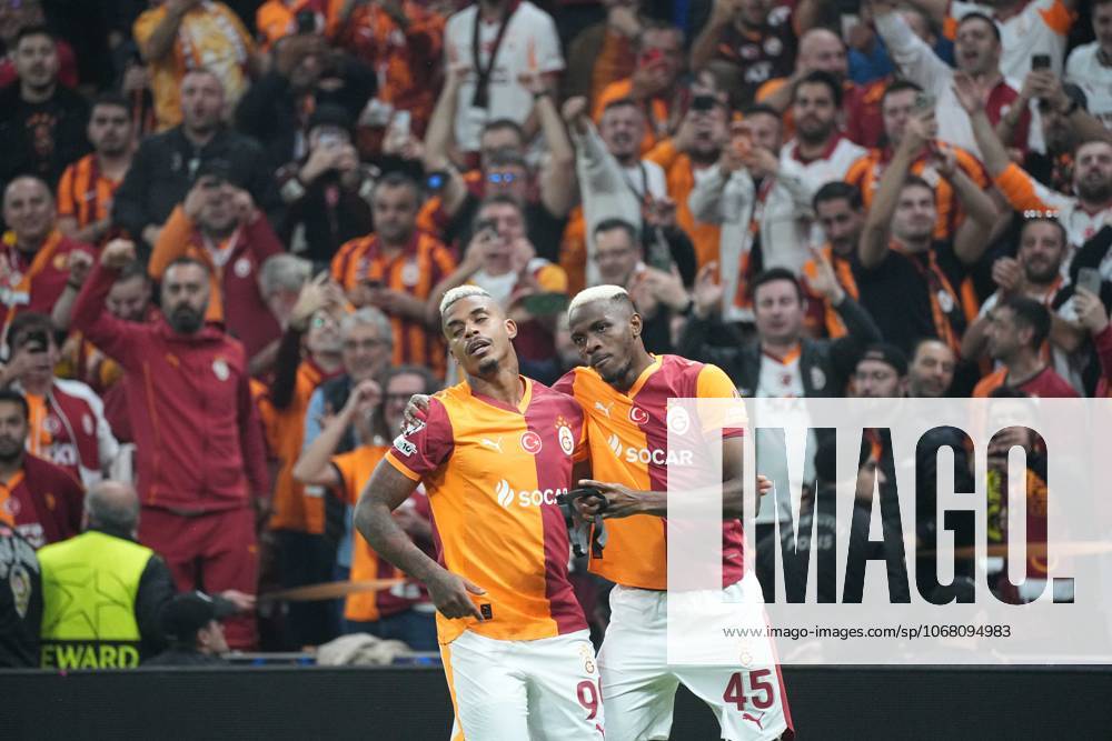 Victor Osimhen (R) of Galatasaray celebrates his goal with teammate Mario Lemina during the UEFA Champions League league phase match between Galatasaray SK and FK Bodo Glimt in Istanbul, Turkey, 22 October 2025. (
