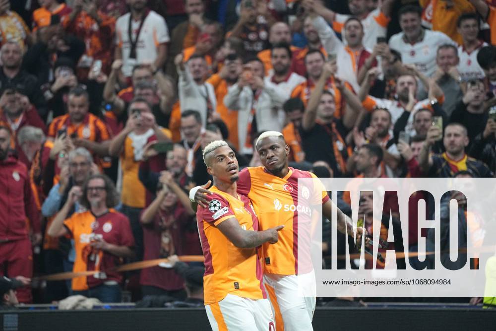 Victor Osimhen (R) of Galatasaray celebrates his goal with teammate Mario Lemina during the UEFA Champions League league phase match between Galatasaray SK and FK Bodo Glimt in Istanbul, Turkey, 22 October 2025. (