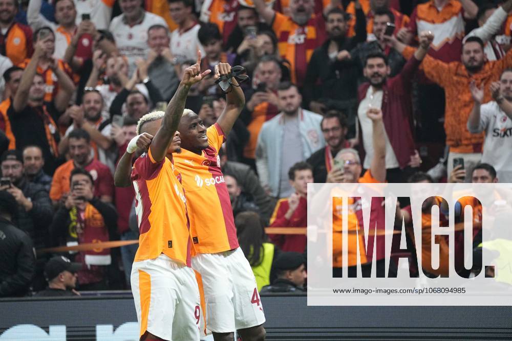 Victor Osimhen (R) of Galatasaray celebrates his goal with teammate Mario Lemina during the UEFA Champions League league phase match between Galatasaray SK and FK Bodo Glimt in Istanbul, Turkey, 22 October 2025. (