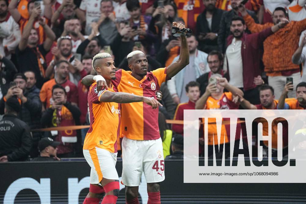 Victor Osimhen (R) of Galatasaray celebrates his goal with teammate Mario Lemina during the UEFA Champions League league phase match between Galatasaray SK and FK Bodo Glimt in Istanbul, Turkey, 22 October 2025. (