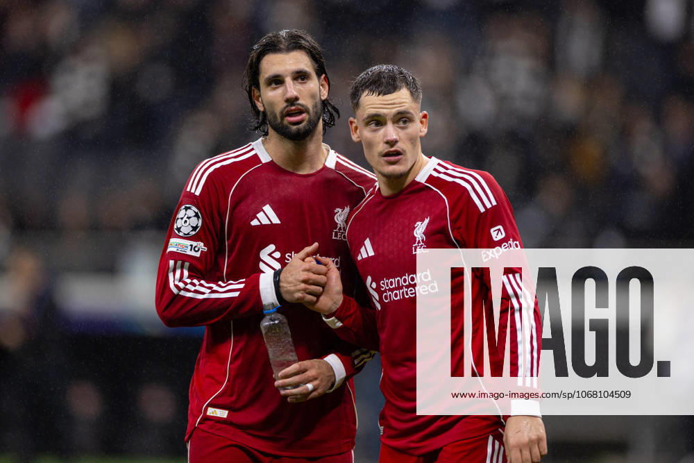 Football - UEFA Champions League - League Phase - Eintracht Frankfurt v Liverpool FC FRANKFURT, GERMANY - Wednesday, October 22, 2025: Liverpool team-mates Dominik Szoboszlai (L) and Florian Wirtz after the UEFA Champions League match between Eintracht Frankfurt and Liverpool FC at the Waldstadion. (Photo by David Rawcliffe Propaganda) FRANKFURT Waldstadion HESSE GERMANY