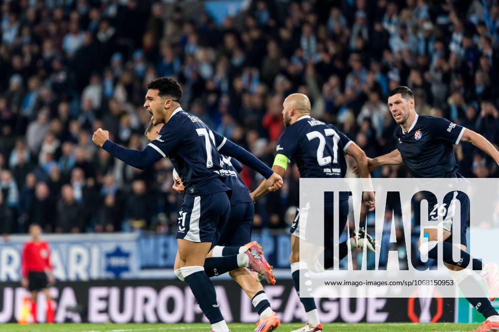 Malmo FF v GNK Dinamo - UEFA Europa League 2025 26 League Phase MD3 MALMO, SWEDEN - OCTOBER 23: Monsef Bakrar of Dinamo Zagreb celebrates after Cardoso Varela scores a goal for 1:1 during the UEFA Europa League 2025 26 League Phase MD3 match between Malmo FF and GNK Dinamo at Malmo New Stadium on October 23, 2025 in Malmo, Sweden. ChristianxOrnberg PIXSELL