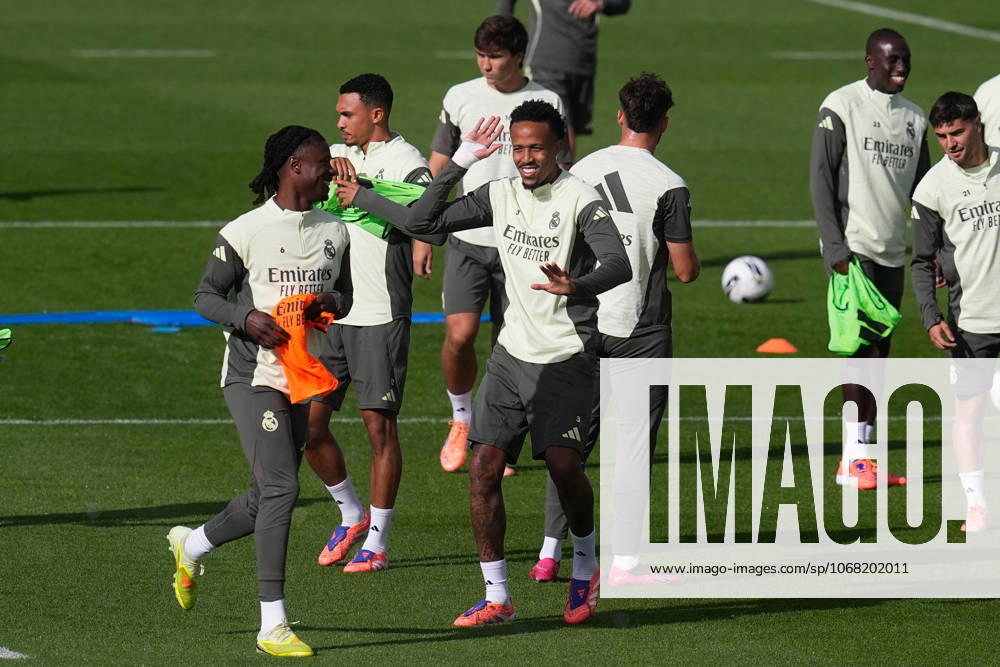 Eder Militao and Eduardo Camavinga during the Real Madrid training session ahead their upcoming Spanish League, LaLiga EA Sports, football match against FC Barcelona, Barca at Ciudad Deportiva Real Madrid on October 25, 2025, in Valdebebas, Madrid, Spain. Valdebebas Spain - ZUMAa181 20251025_zaa_a181_080