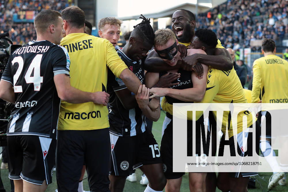 Udineses Adam Buksa celebrates after scoring the 3-1 goal for his team during the Serie A soccer match between Udinese and Lecce at the Bluenergy Stadium in Udine, north east Italy - Saturday, October 25,2026 - soccer