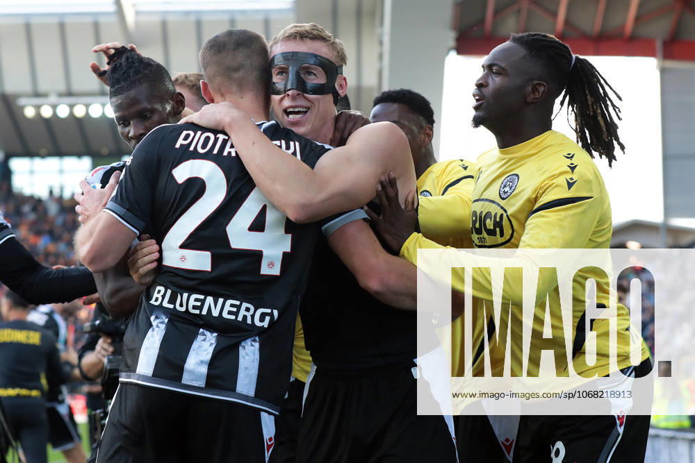 Udineses Adam Buksa celebrates after scoring the 3-1 goal for his team during the Serie A soccer match between Udinese and Lecce at the Bluenergy Stadium in Udine, north east Italy - Saturday, October 25,2026 - soccer