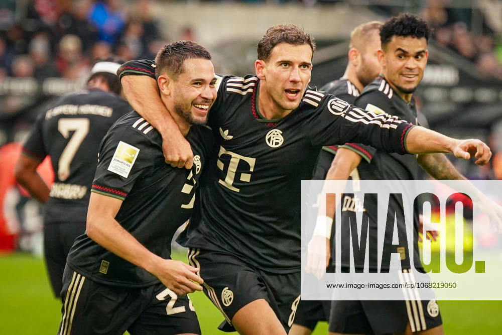 Germany Soccer Bundesliga 2025 26, 8 Matchday Borussia Mönchengladbach vs FC Bayern Munich Borussia Park Mönchengladbach Goal and goal celebration to 0 2 by Raphaël Guerreiro Raphael Guerreiro FC Bayern Munich, 22 Joy, emotions, jubilation with Leon Goretzka FC Bayern Munich, 8 Mönchengladbach North Rhine-Westphalia Germany
