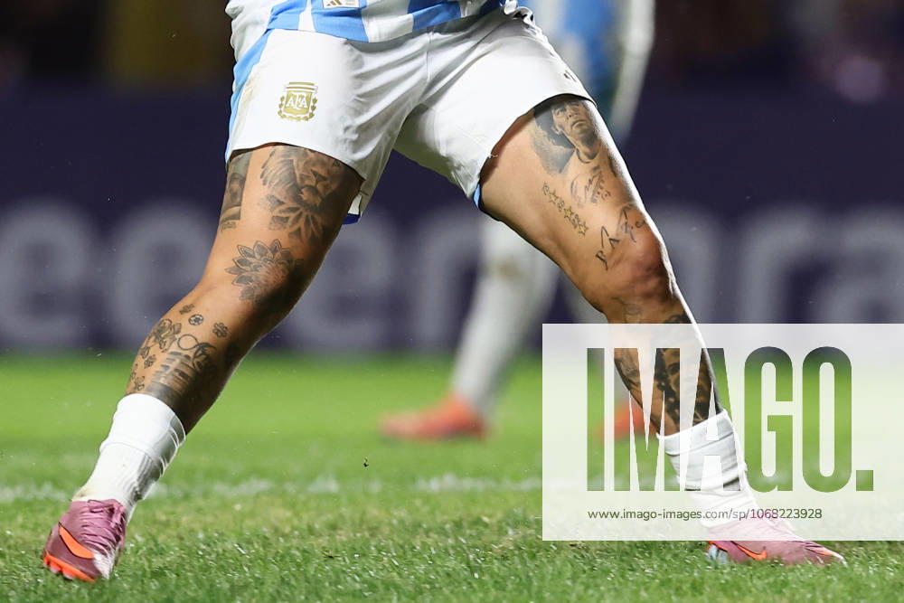 Detail of Argentina s forward Yamila Rodriguezs legs with tattoos of former Argentine soccer player Diego Maradona and Portuguese striker Cristiano Ronaldo during the CONMEBOL Women s Nations League football match, qualifier for the 2027 World Cup in Brazil, between Argentina and Paraguay, at the Diego Armando Maradona stadium in Buenos Aires, Argentina on October 24, 2025 BUENOS AIRES ARGENTINA