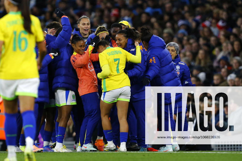 England v Brazil, Manchester, UK - 25 October 2025 Goal celebrations for Dudinha of Brazil during the Womens International Friendly, Länderspiel, Nationalmannschaft match between England and Brazil at The Etihad Stadium on 25 October 2025 in Manchester, England (Photo by Steve Taylor PPAUK) Manchester The Etihad Stadium Greater Manchester England