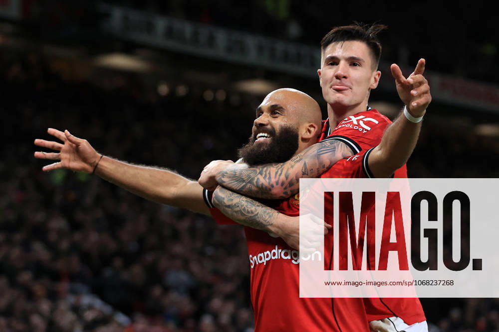 25th October 2025; Old Trafford, Manchester, England; Premier League Football, Manchester United, ManU versus Brighton and Hove Albion; Bryan Mbuemo of Manchester United celebrates with team mate Benjamin Sesko after scoring for 3-0 after 61 minutes DavidxBlunsden