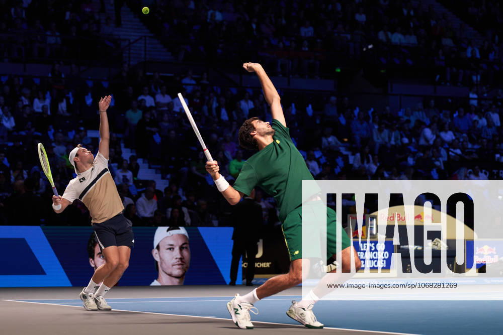 Lucas Miedler of Austria and Francisco Cabral of Portugal warm up for the mens doubles final match against Lloyd Glasspool and Julian Cash of Great Britain of Erste Bank Open 2025 at Wiener Stadthalle on October 26, 2025 in Vienna, Austria. (Photo by Camilla Stolen, Imago) Vienna Austria