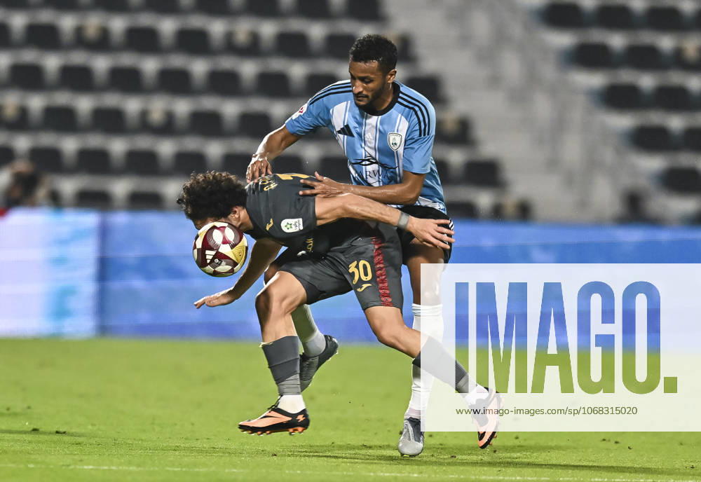 AL WAKRAH SC V AL RAYYAN SC-DOHA BANK STARS LEAGUE QATAR Almahdi Ali Mukhtar (R) of Al-Wakrah SC and Ahmed Alaaeildin Abdelmotaal of Al Rayyan SC in action during the Doha Bank Stars League Qatar match between Al Wakrah SC and Al Rayyan SC at Saoud Bin Abdulrahman Stadium in Doha, Qatar, on October 26, 2025. DOHA Qatar