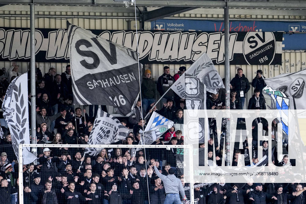 The Ultras of SV Sandhausen wave their flags in the fan curve, home fans, fan block, looking forward to the game, fans, audience, spectators, atmosphere, atmosphere, stadium, 26 10 2025, Sandhausen Germany , Football, Regionalliga Südwest, SV Sandhausen FC Bayern Alzenau