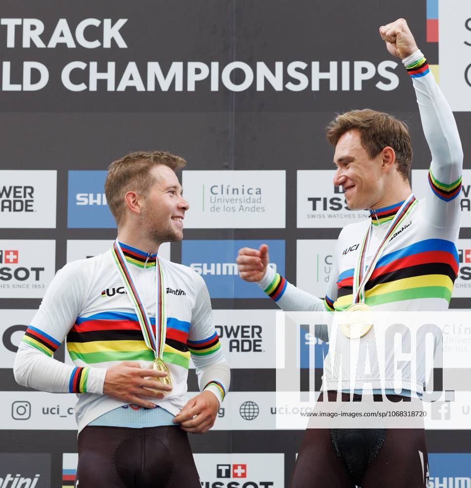 Belgian Fabio Van Den Bossche and Belgian Lindsay De Vylder celebrate on the podium after winning the podium ceremony of the men s Madison race at the 2025 UCI Track World Championships cycling, in Santiago, Chile, Sunday 26 October 2025. The Track World Championships take place from 22 to 26 October at the Velodromo de Penalolen in Santiago, Chile. BENOITxDOPPAGNE x138051518x