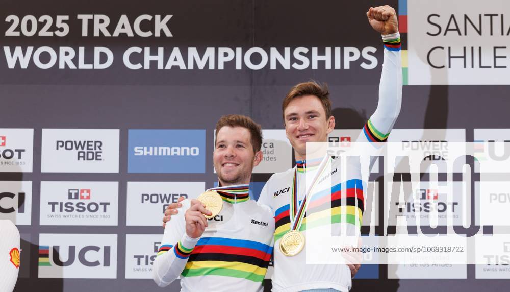 Belgian Fabio Van Den Bossche and Belgian Lindsay De Vylder celebrate on the podium after winning the podium ceremony of the men s Madison race at the 2025 UCI Track World Championships cycling, in Santiago, Chile, Sunday 26 October 2025. The Track World Championships take place from 22 to 26 October at the Velodromo de Penalolen in Santiago, Chile. BENOITxDOPPAGNE x138051519x