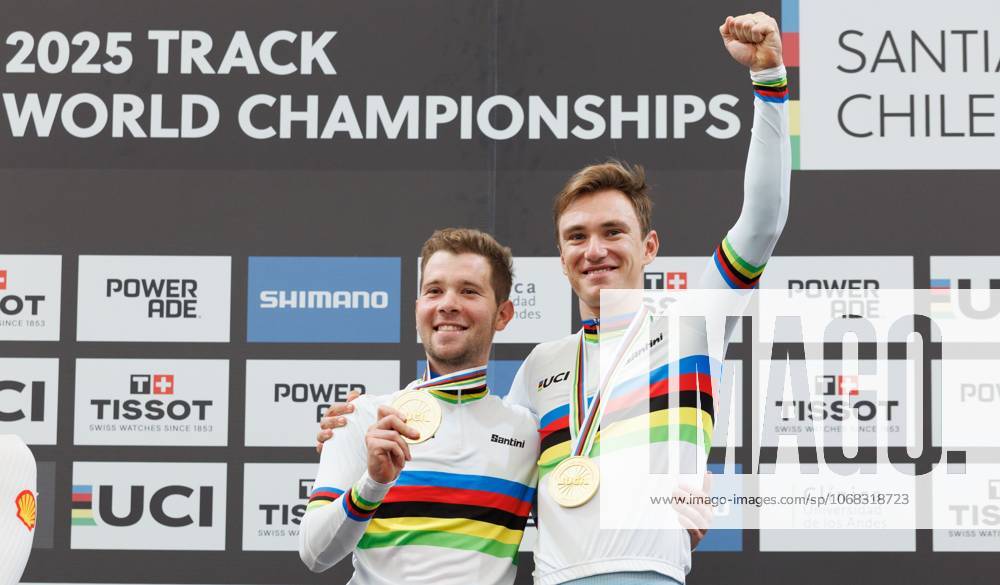 Belgian Fabio Van Den Bossche and Belgian Lindsay De Vylder celebrate on the podium after winning the podium ceremony of the men s Madison race at the 2025 UCI Track World Championships cycling, in Santiago, Chile, Sunday 26 October 2025. The Track World Championships take place from 22 to 26 October at the Velodromo de Penalolen in Santiago, Chile. BENOITxDOPPAGNE x138051610x