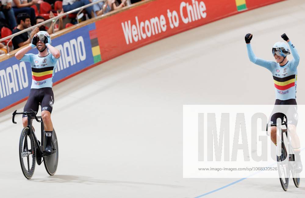 Belgian Fabio Van Den Bossche and Belgian Lindsay De Vylder celebrate after the final of the men s Madison race at the 2025 UCI Track World Championships cycling, in Santiago, Chile, Sunday 26 October 2025. The Track World Championships take place from 22 to 26 October at the Velodromo de Penalolen in Santiago, Chile. BENOITxDOPPAGNE x138056259x