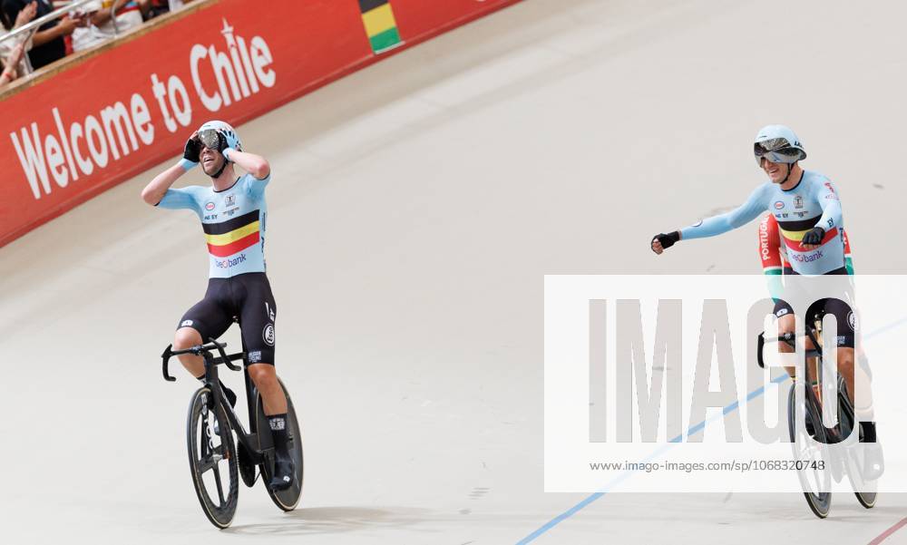 Belgian Fabio Van Den Bossche and Belgian Lindsay De Vylder celebrate after the final of the men s Madison race at the 2025 UCI Track World Championships cycling, in Santiago, Chile, Sunday 26 October 2025. The Track World Championships take place from 22 to 26 October at the Velodromo de Penalolen in Santiago, Chile. BENOITxDOPPAGNE x138056270x