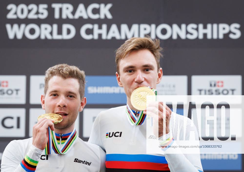 Belgian Fabio Van Den Bossche and Belgian Lindsay De Vylder celebrate on the podium after winning the podium ceremony of the men s Madison race at the 2025 UCI Track World Championships cycling, in Santiago, Chile, Sunday 26 October 2025. The Track World Championships take place from 22 to 26 October at the Velodromo de Penalolen in Santiago, Chile. BENOITxDOPPAGNE x138056436x
