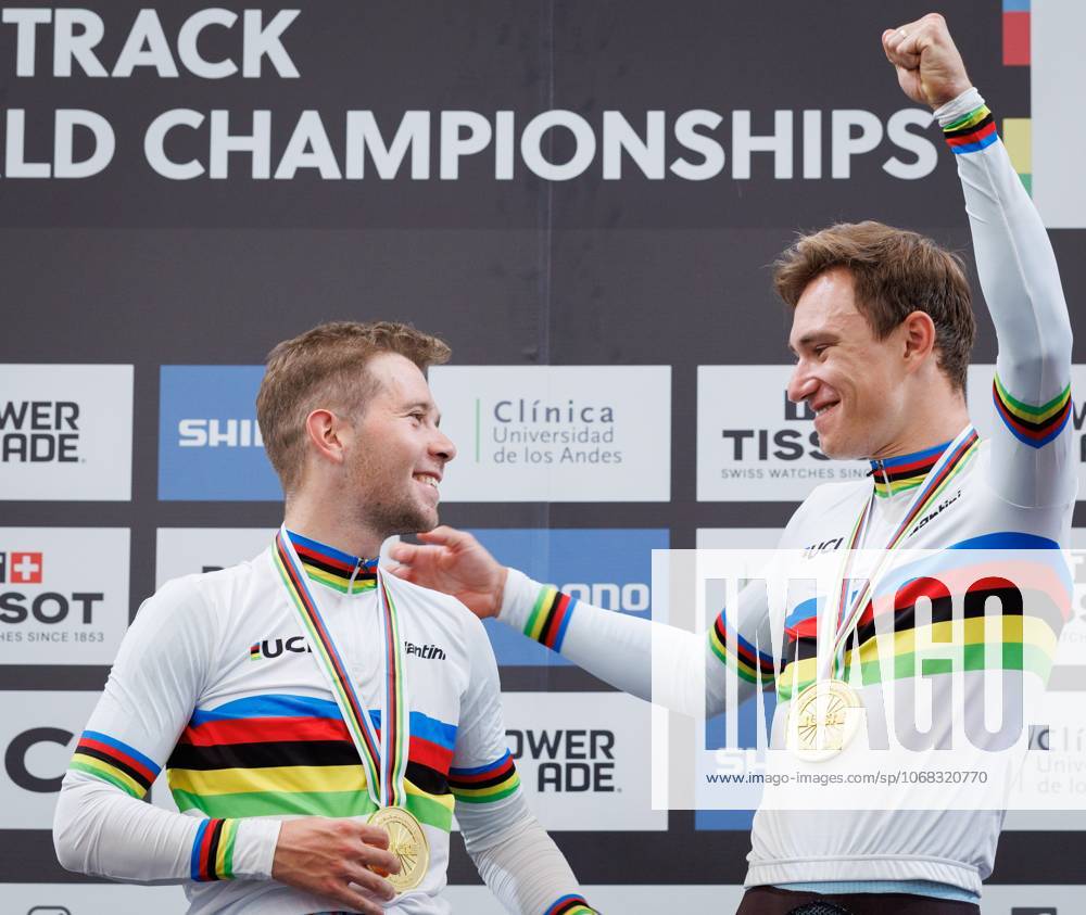 Belgian Fabio Van Den Bossche and Belgian Lindsay De Vylder celebrate on the podium after winning the podium ceremony of the men s Madison race at the 2025 UCI Track World Championships cycling, in Santiago, Chile, Sunday 26 October 2025. The Track World Championships take place from 22 to 26 October at the Velodromo de Penalolen in Santiago, Chile. BENOITxDOPPAGNE x138056455x