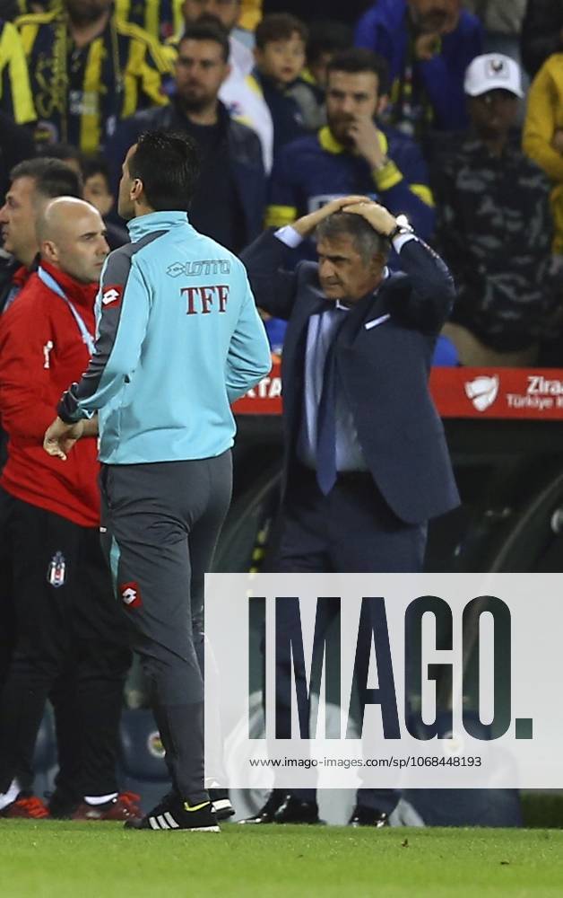 Fenerbahce v Besiktas: Ziraat Turkish Cup ISTANBUL, TURKEY - APRIL 19: Head coach of Besiktas holds his head after fans throw an object during Ziraat Turkish Cup Semi Final second leg soccer match between Fenerbahce and Besiktas at the Ulker Stadium in Istanbul, Turkey on April 19, 2018. The match was cancelled after the latest incidents. Istanbul Turkey. Editorial use only. Please get in touch for any other usage.