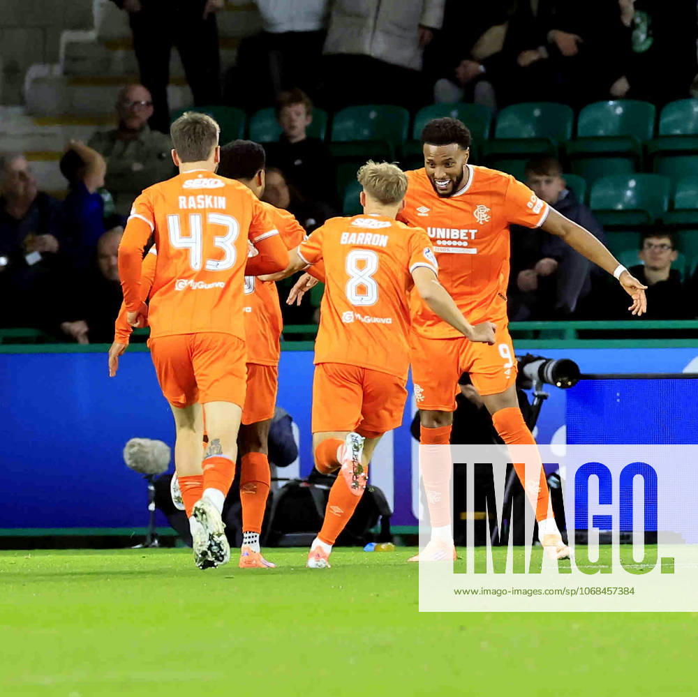 Hibernian v Rangers William Hill Premiership Youseff Chemiti of Rangers (right) celebrates scoring his teams first goal with team mates during the William Hill Premiership match at Easter Road, Edinburgh UK Newspapers OUT